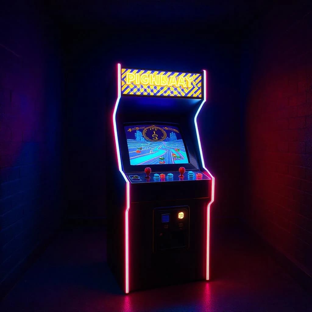 KI-generiertes Beispiel für 80er-Jahre-Stil: Erstelle ein Bild eines neonfarbenen Arcade-Automaten in einem Retro-Gaming-Raum.