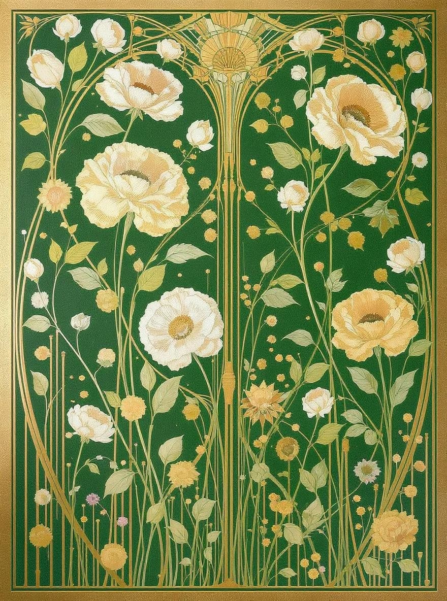 KI-generiertes Beispiel für Art-Nouveau: Generiere eine Art-Nouveau-Fassade mit floralen Motiven und geschwungenen Linien in Grün und Gold.