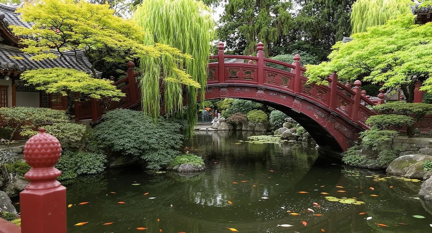 KI-generiertes Beispiel für Chinesischer Garten: Erstelle einen traditionellen chinesischen Garten mit roter Brücke über einem Koi-Teich.