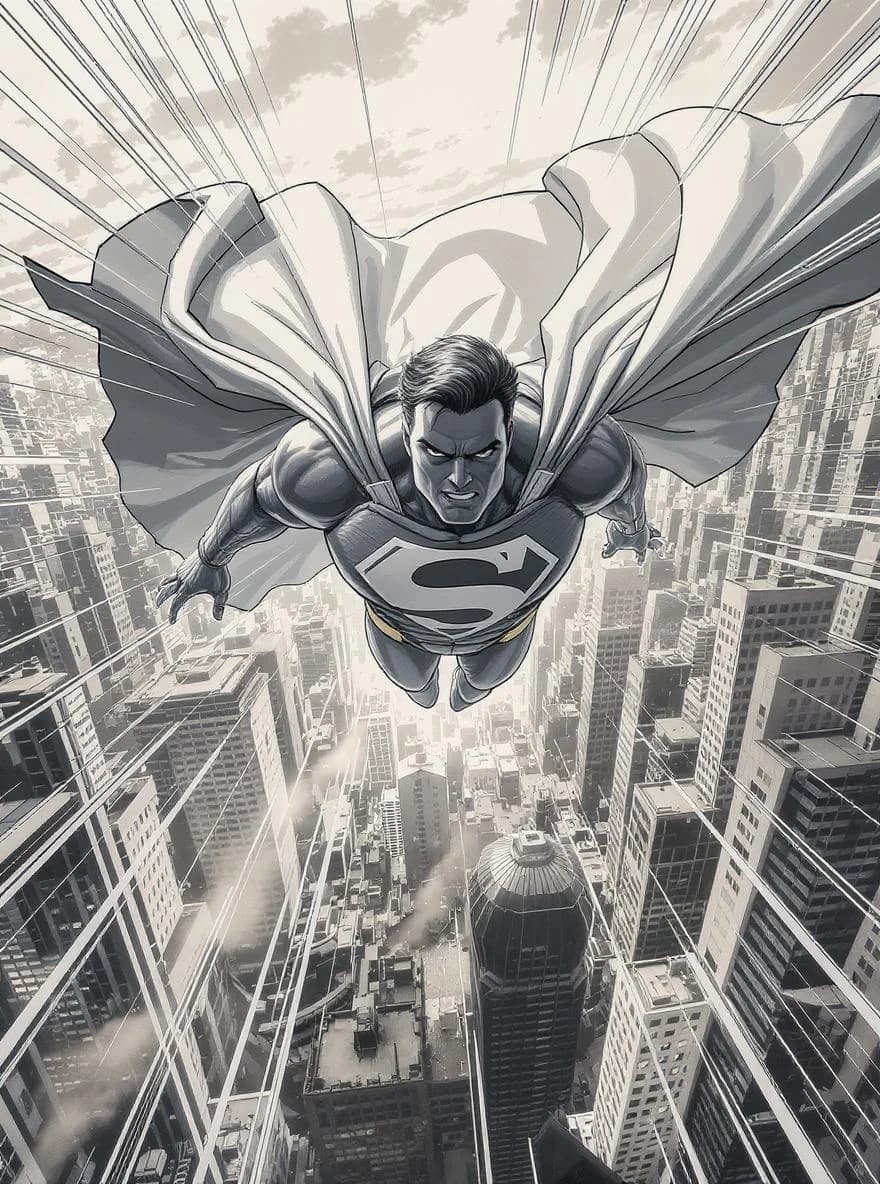 KI-generiertes Beispiel für Comic-Stil: Generiere eine Comic-Illustration eines Superhelden, der über eine Stadt fliegt, mit dynamischen Linien.