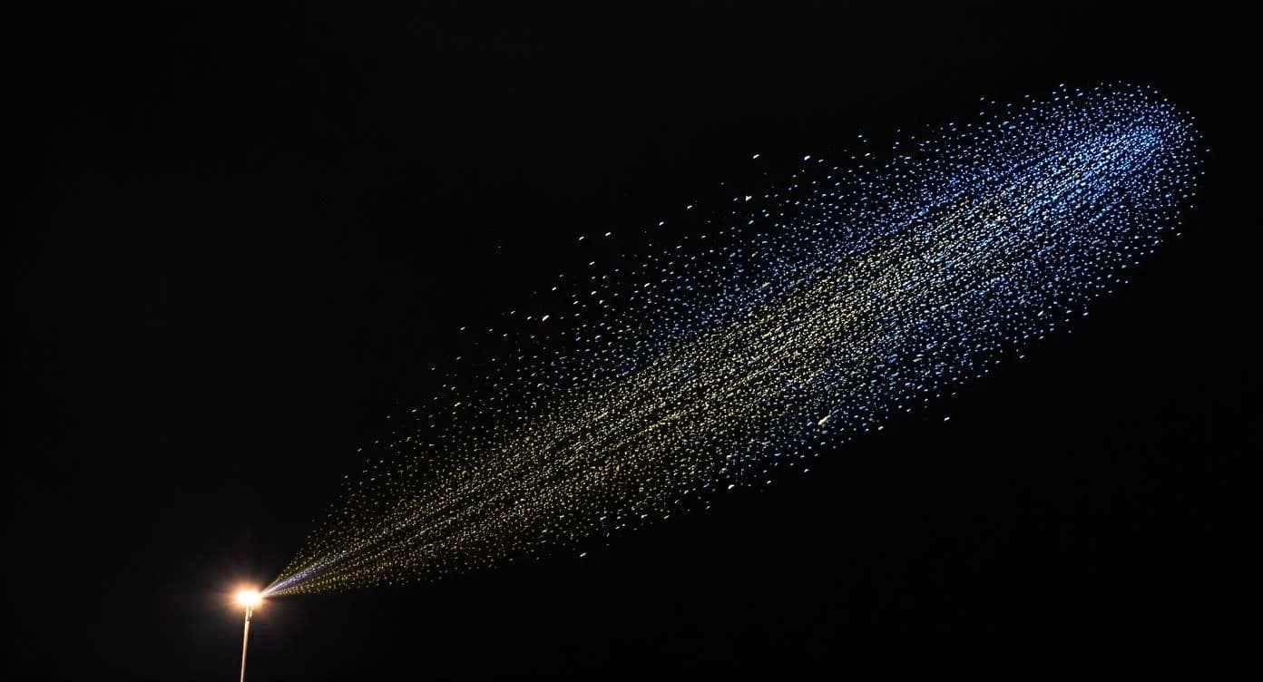 KI-generiertes Beispiel für Drohnen-Schwarm: Erstelle einen koordinierten Schwarm von Mikro-Drohnen, die ein Lichtmuster am Himmel bilden.