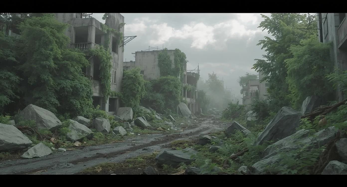 KI-generiertes Beispiel für Dystopie: Generiere ein dystopisches Bild einer verlassenen Stadt mit überwucherten Pflanzen und zerfallenen Gebäuden.