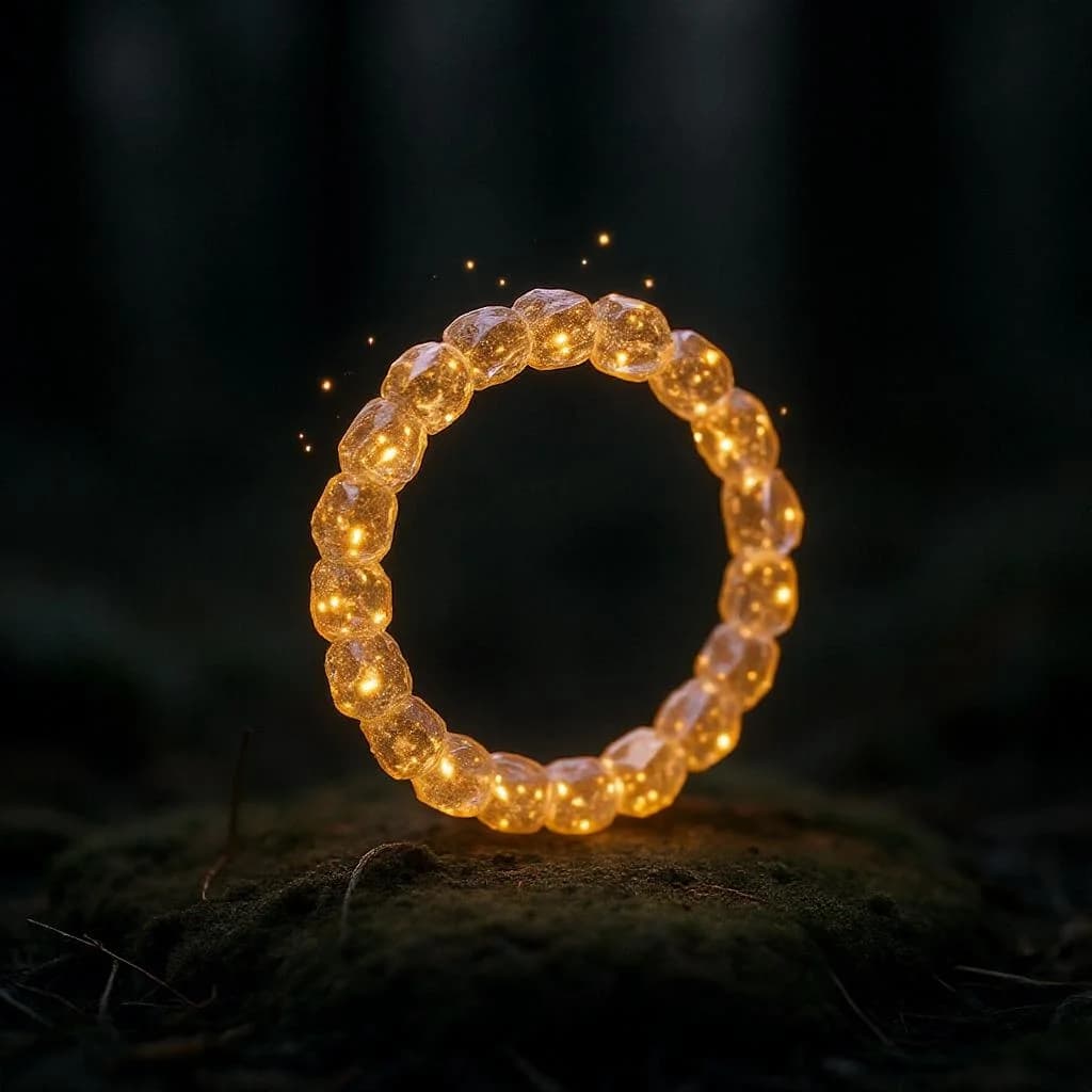 KI-generiertes Beispiel für Feenring: Generiere einen Feenring aus leuchtenden Pilzen mit tanzenden Lichtpartikeln in einem Waldlichtung.