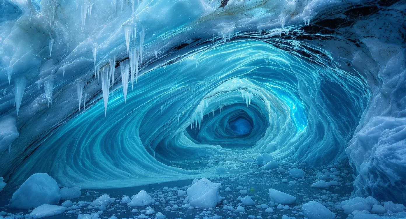 KI-generiertes Beispiel für Gletscherhöhle: Erstelle das Innere einer blauen Gletscherhöhle mit Eiszapfen und kristallklarem Eis.