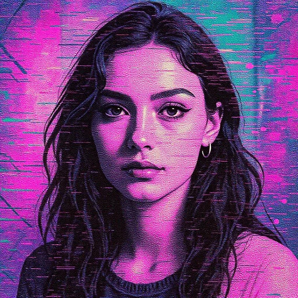 KI-generiertes Beispiel für Glitch-Art: Generiere ein Glitch-Art-Porträt mit digitalen Verzerrungen und Farbverschiebungen in Rosa und Cyan.
