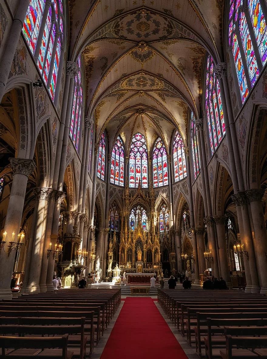KI-generiertes Beispiel für Gotische Architektur: Generiere das Innere einer gotischen Kathedrale mit hohen Bögen und bunten Glasfenstern.
