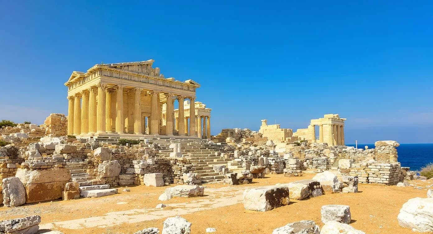 KI-generiertes Beispiel für Griechische Ruinen: Generiere antike griechische Ruinen mit Säulen vor einem blauen Mittelmeer-Himmel.