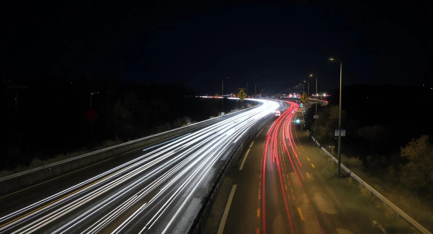 KI-generiertes Beispiel für Langzeitbelichtung: Generiere eine Langzeitbelichtung einer Autobahn bei Nacht mit leuchtenden Lichtspuren.