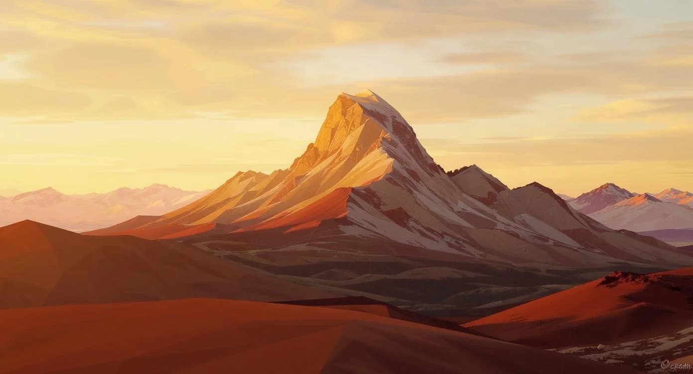 KI-generiertes Beispiel für Low-Poly: Erstelle eine Low-Poly-Landschaft mit einem geometrischen Berg bei Sonnenaufgang in warmen Farben.