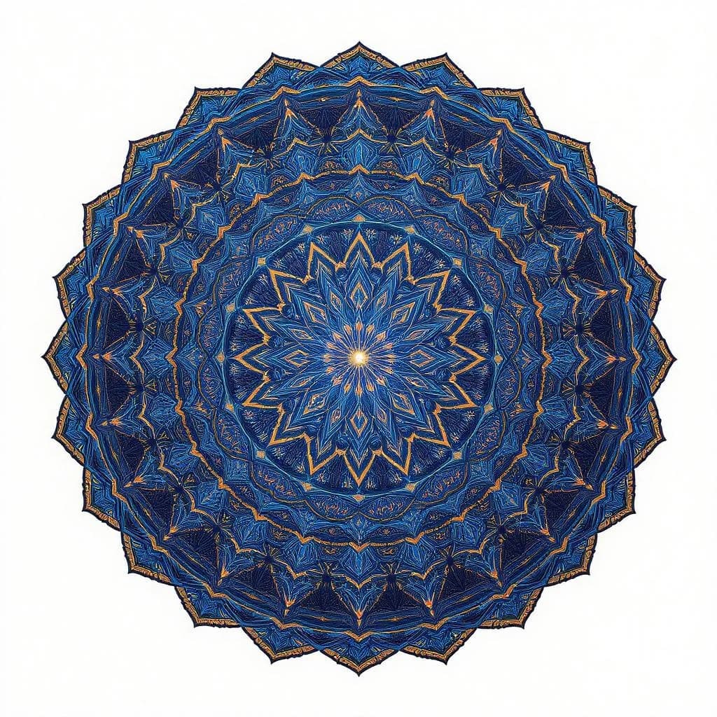 KI-generiertes Beispiel für Mandala-Art: Generiere ein komplexes, symmetrisches Mandala in leuchtenden Blau- und Goldtönen.