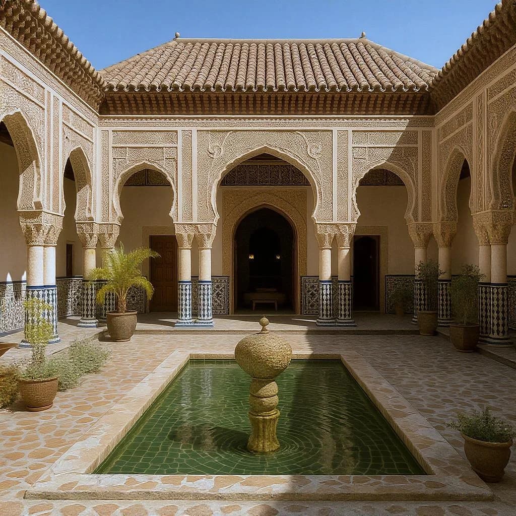 KI-generiertes Beispiel für Marokkanischer Innenhof: Generiere einen bunten marokkanischen Riad mit Mosaiken und einem zentralen Brunnen.