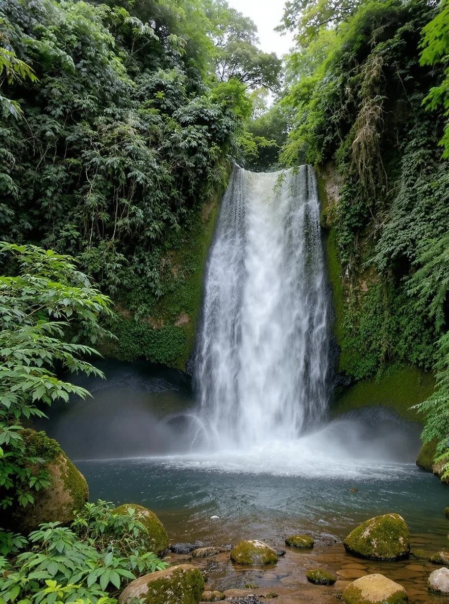 KI-generiertes Beispiel für Naturfotografie: Erstelle ein Bild eines Wasserfalls in einem tropischen Regenwald mit üppigem Grün.
