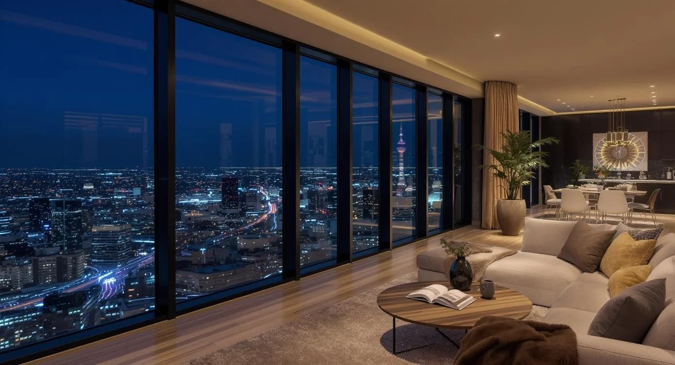 KI-generiertes Beispiel für Penthouse: Generiere ein luxuriöses Penthouse mit Panoramafenstern und Blick auf die Skyline bei Nacht.