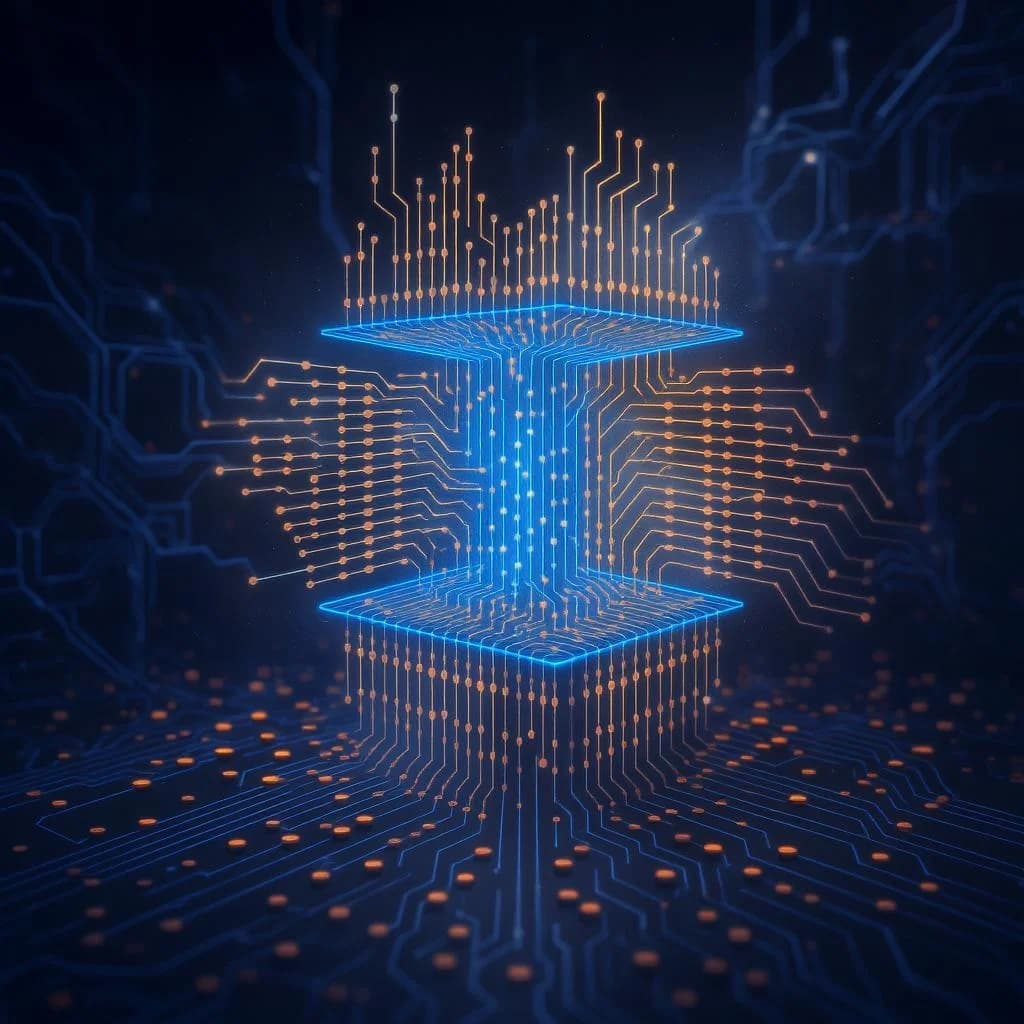 KI-generiertes Beispiel für Quantencomputer: Erstelle eine Illustration eines Quantencomputers mit leuchtenden Qubits und komplexen Schaltkreisen.