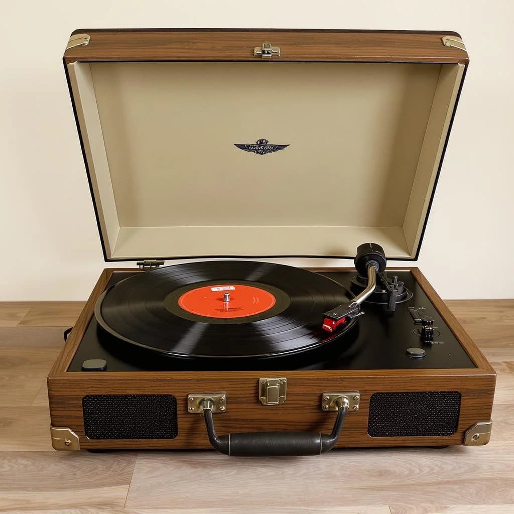 KI-generiertes Beispiel für Retro: Erstelle ein Bild eines alten Plattenspielers mit Vinylplatten, gestaltet im Retro-Stil der 1970er Jahre.