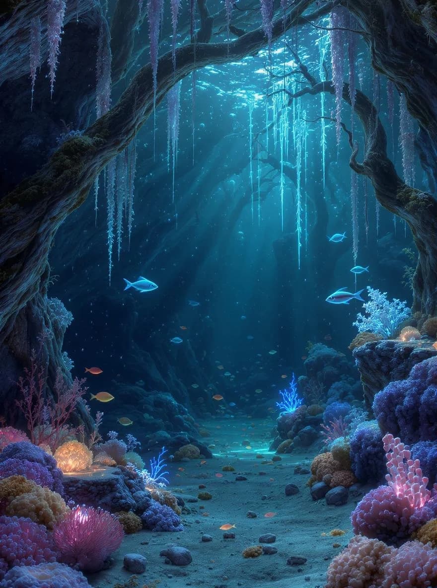 KI-generiertes Beispiel für Tiefsee: Erstelle eine geheimnisvolle Tiefsee-Szene mit biolumineszenten Kreaturen und hydrothermalen Quellen.