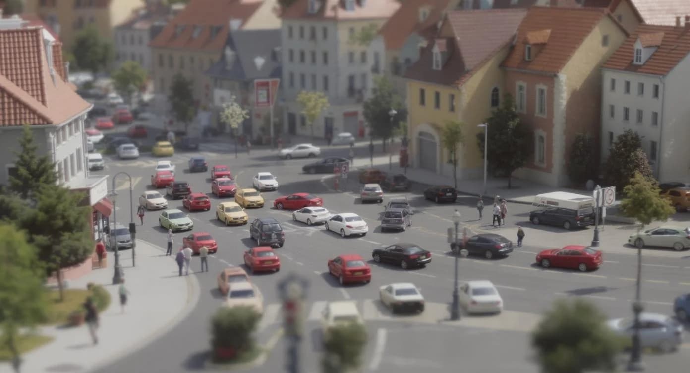 KI-generiertes Beispiel für Tilt-Shift: Generiere ein Tilt-Shift-Bild einer Miniatur-Stadt mit winzigen Autos und Menschen.