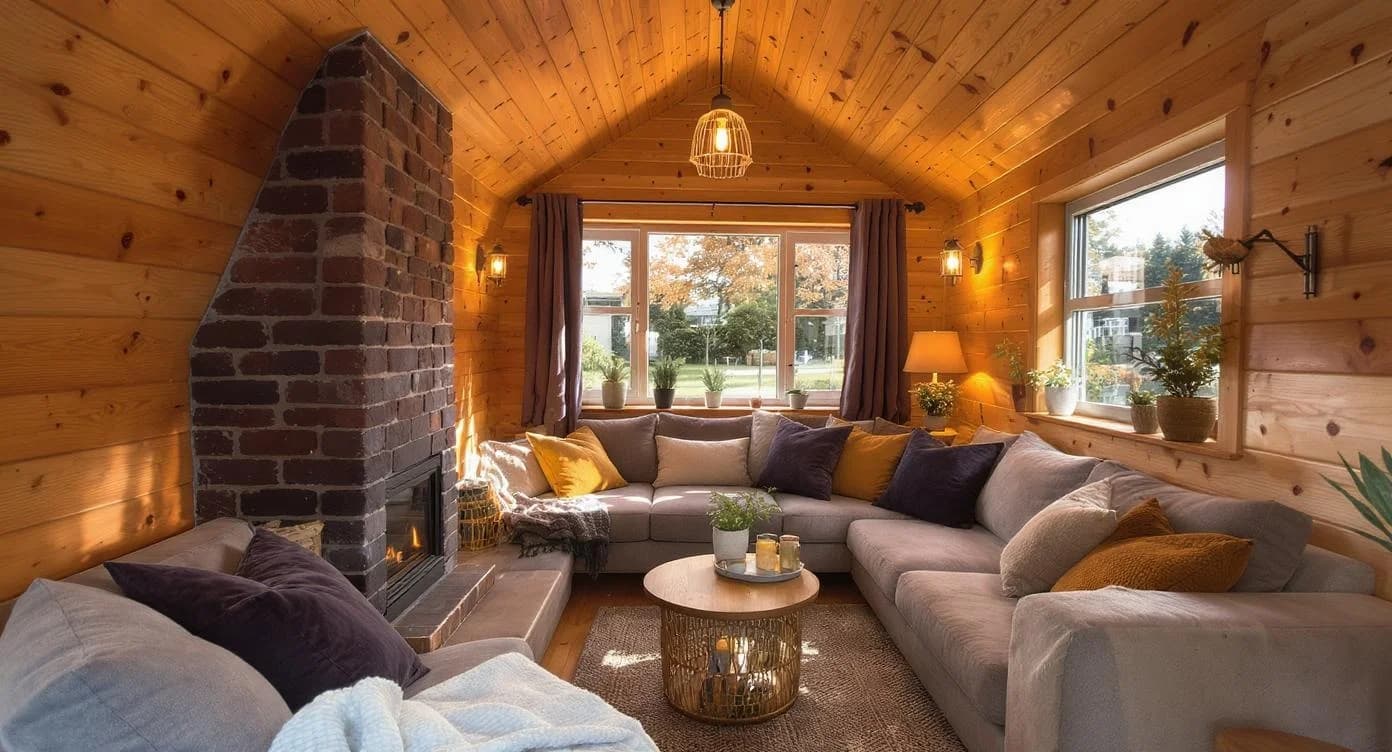 KI-generiertes Beispiel für Tiny House: Erstelle das gemütliche Innere eines Tiny House mit cleverer Raumnutzung und warmem Licht.