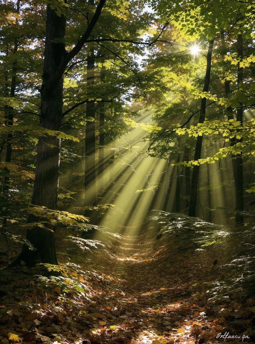 KI-generiertes Beispiel für Waldgeist: Generiere einen ätherischen Waldgeist aus Blättern und Licht zwischen alten Bäumen.
