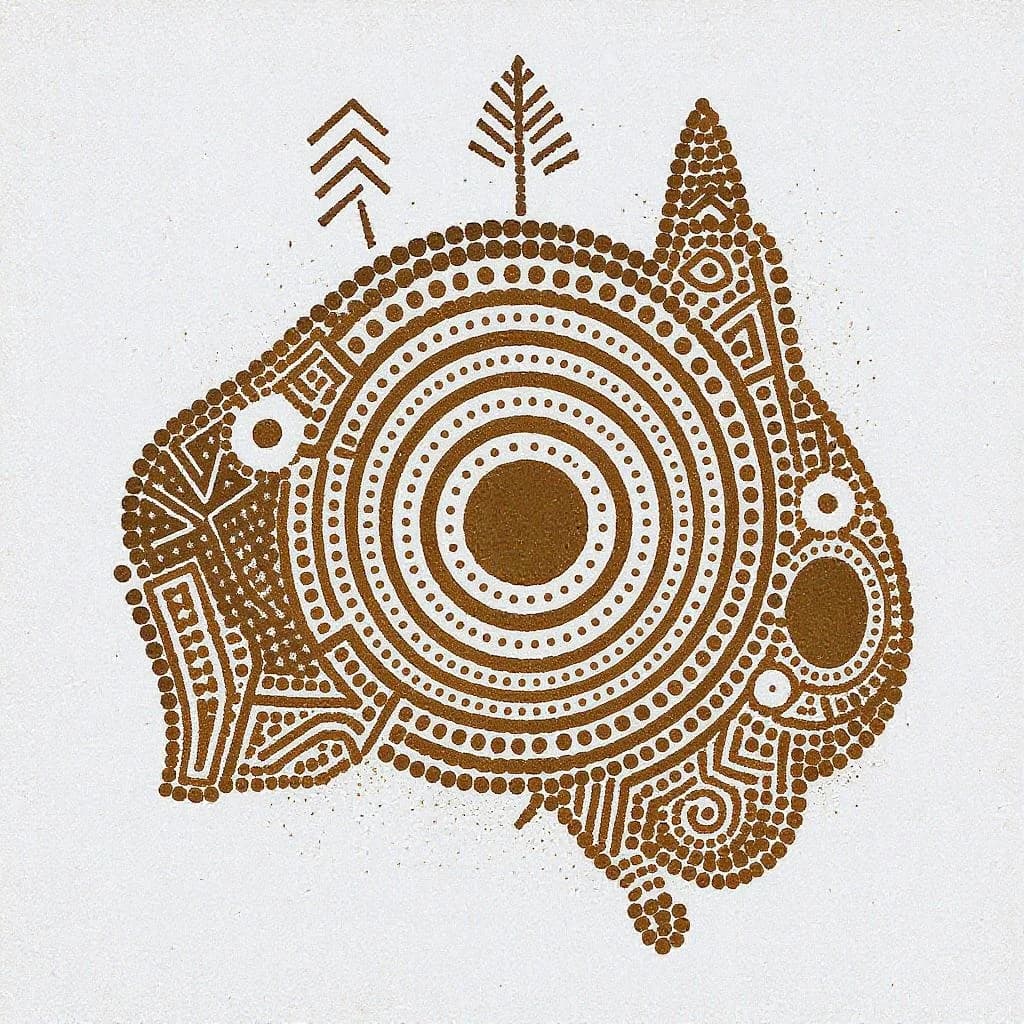 KI-generiertes Beispiel für Aborigine-Kunst: Erstelle ein Aborigine-inspiriertes Punktbild mit traditionellen Symbolen in Erdtönen.