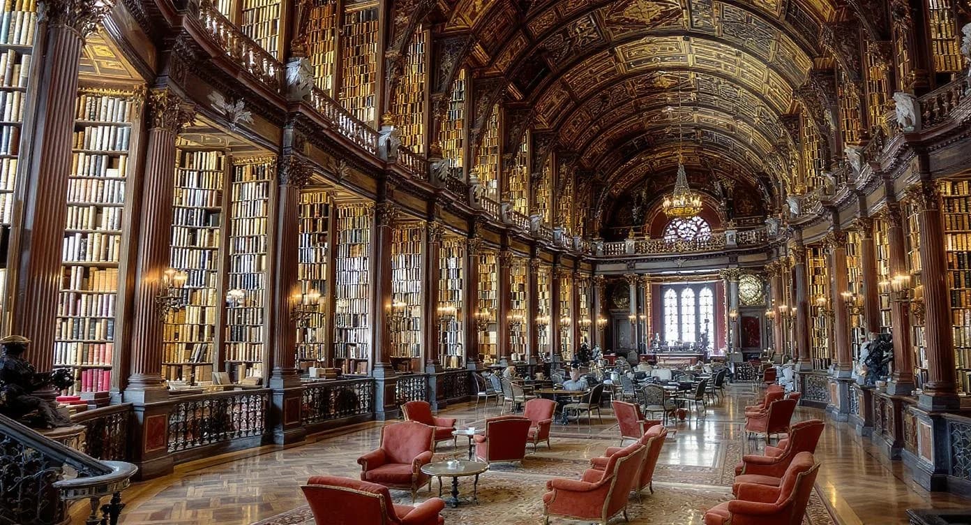 KI-generiertes Beispiel für Bibliothek Design: Erstelle eine majestätische Bibliothek mit hohen Bücherregalen und antiken Leseplätzen.
