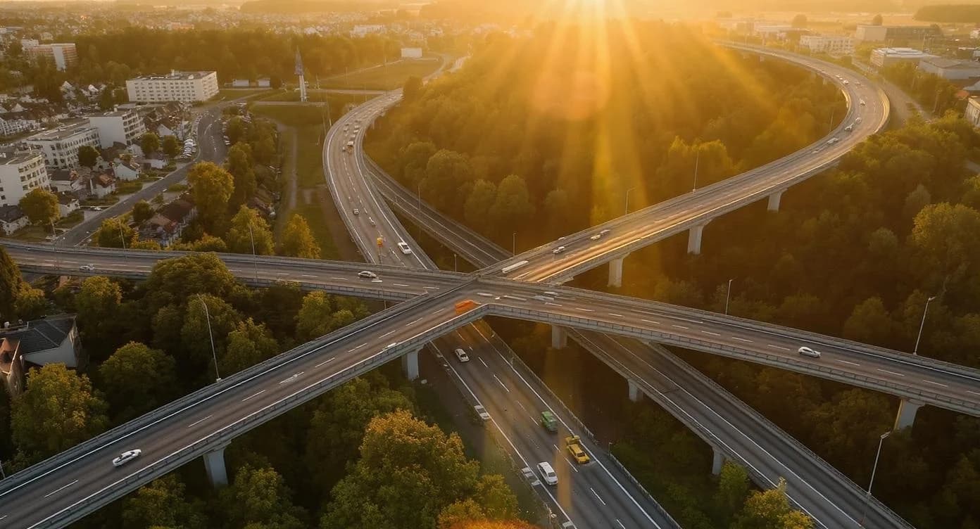 KI-generiertes Beispiel für Drohnenfotografie: Erstelle eine Drohnenaufnahme einer spiralförmigen Autobahnkreuzung bei goldenem Licht am Abend.