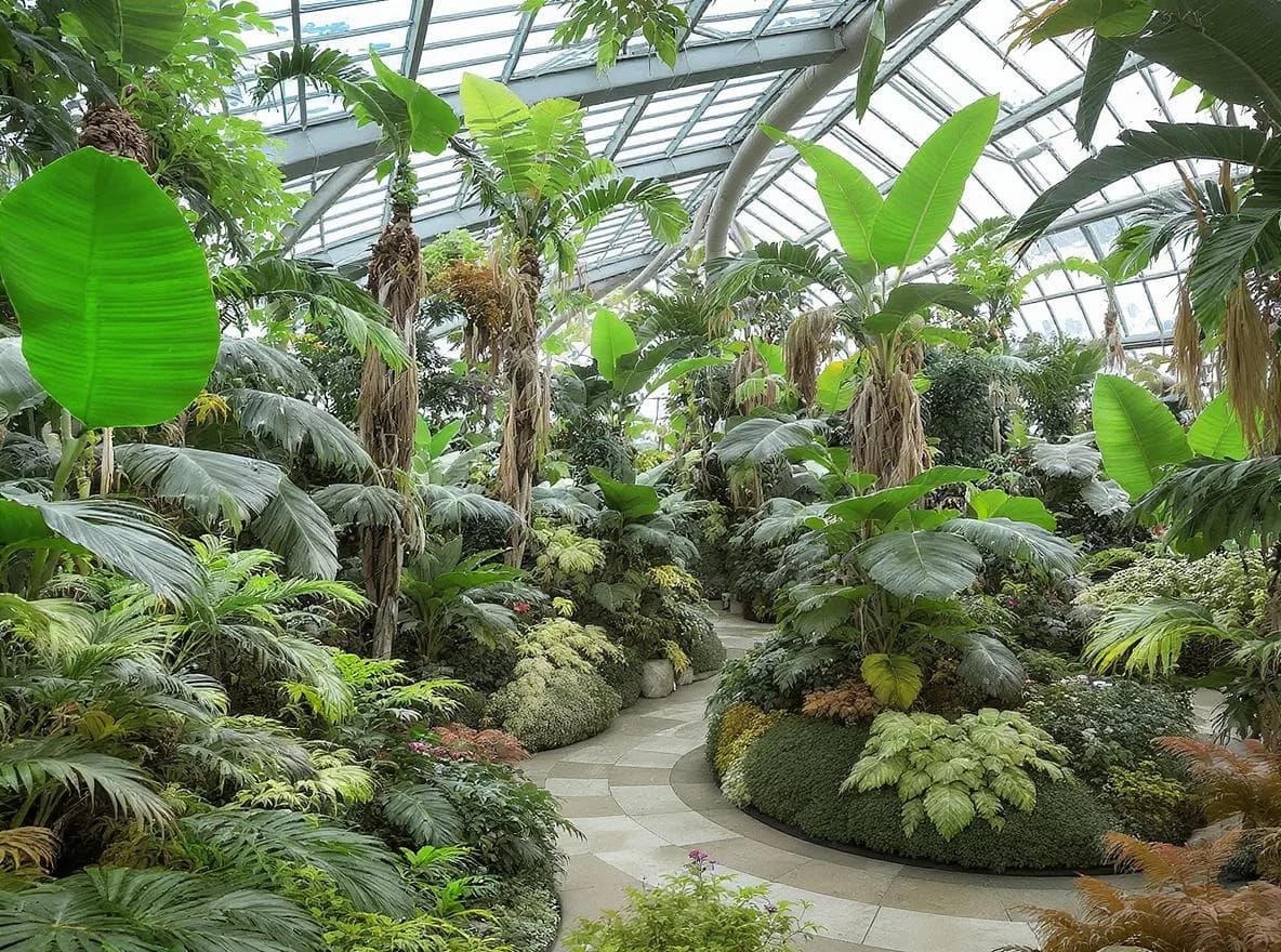 KI-generiertes Beispiel für Greenhouse Design: Erstelle ein modernes Gewächshaus voller tropischer Pflanzen mit natürlichem Licht.