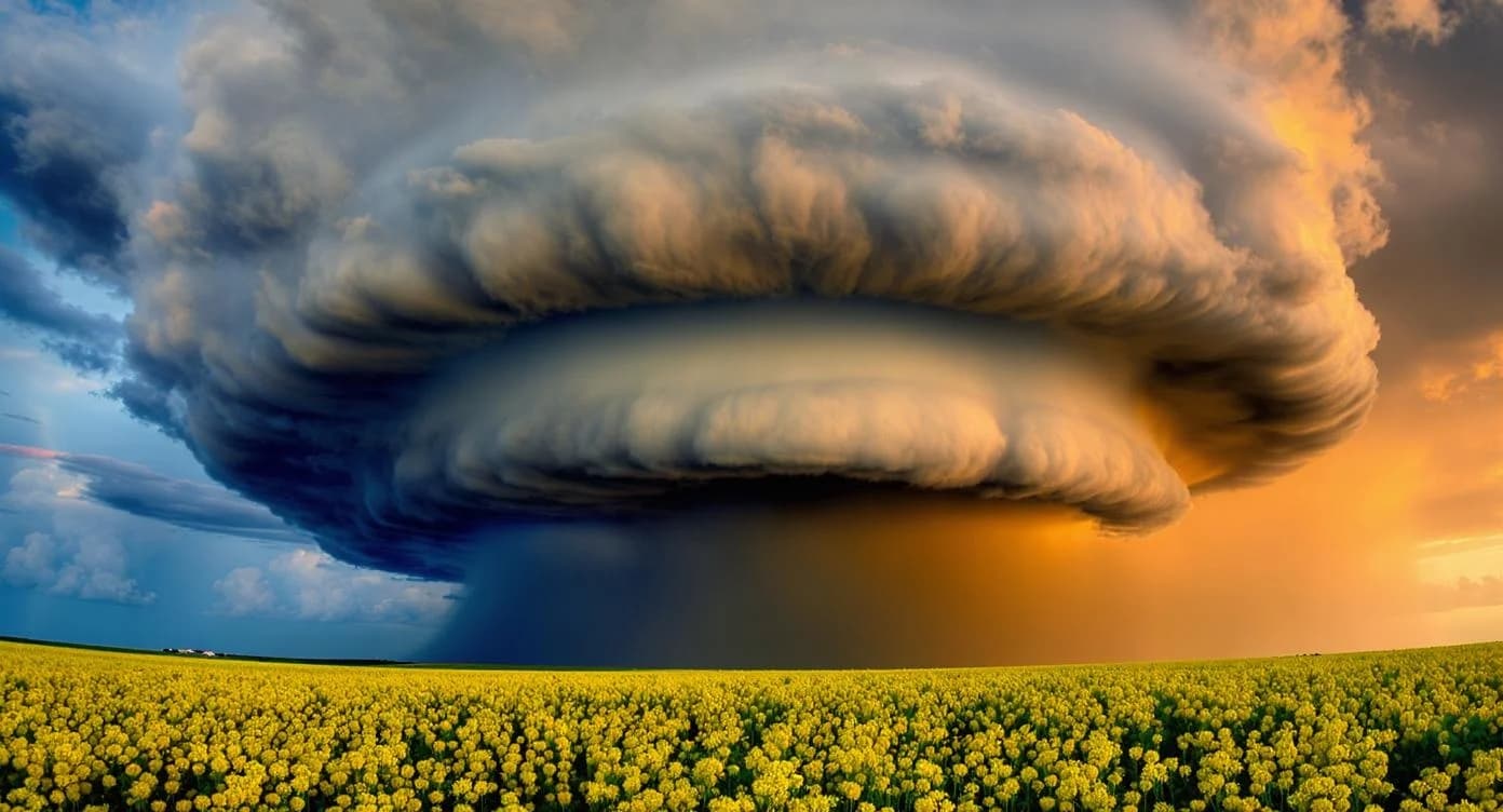 KI-generiertes Beispiel für HDR-Fotografie: Erstelle ein HDR-Bild einer dramatischen Gewitterwolke über einem Weizenfeld mit intensiven Farben.