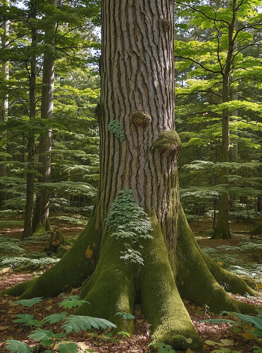 KI-generiertes Beispiel für Indianische Totempfähle: Erstelle kunstvoll geschnitzte Totempfähle in einem pazifischen Nordwest-Wald.