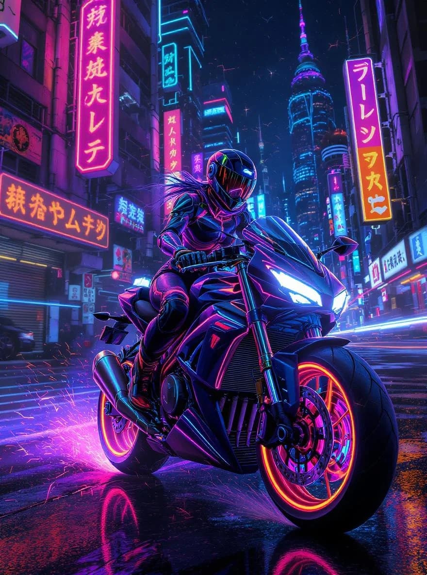 KI-generiertes Beispiel für Neon-Art: Erstelle eine leuchtende Neon-Illustration einer futuristischen Motorradfahrerin in einer Cyberpunk-Stadt.